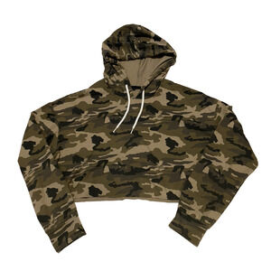 The Hour Jane Crop Hoodie Womens L Camouflage Drawstring Raw Cut Hem Sweatshirt